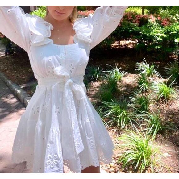For Love And Lemons Dresses & Skirts - For Love & Lemons Serena Dress White Eyelet Ruffle Size S • NEW WITH TAGS •